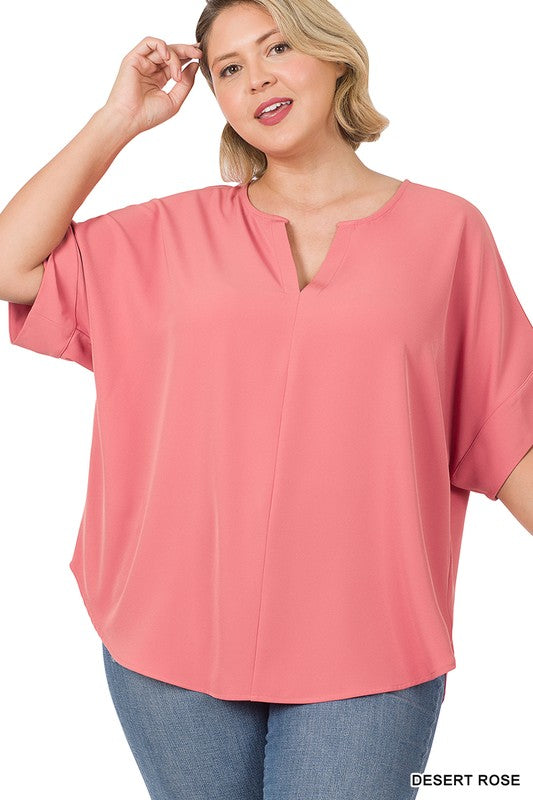 Desert Rose Split Neck Short Sleeve Top -Plus