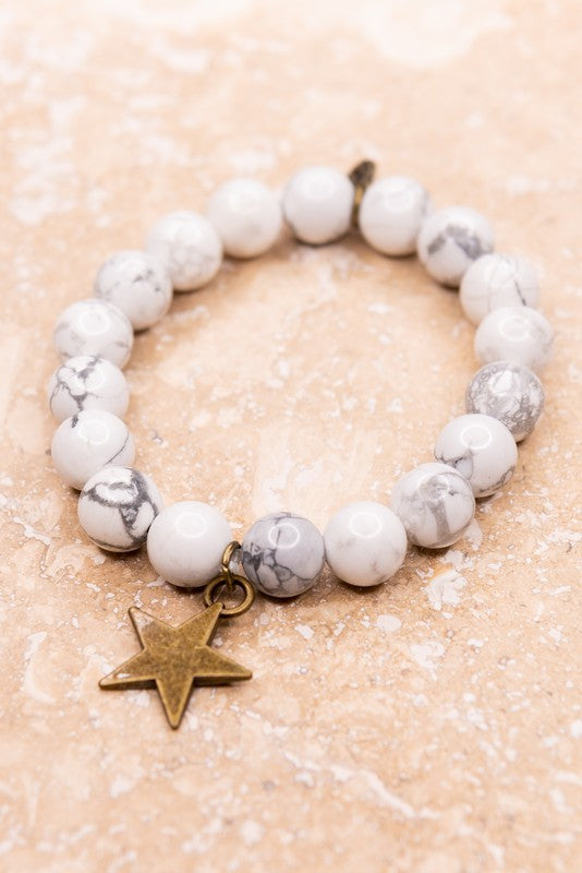 White Marble Bracelet with Matte Bronze Star Charm