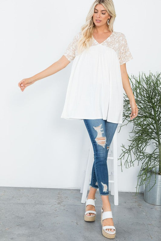 Tan and White Leopard Contrast Baby Doll Top - Plus