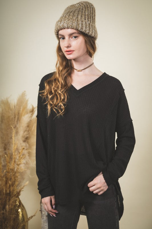 Black Waffle Knit V-neck Long Sleeve Top