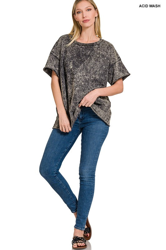Ash Black Acid Wash French Terry Drop Shoulder Top