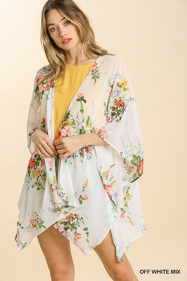 Open Front Floral Print Short Sleeve Kimono with Light Flowy Sleeves