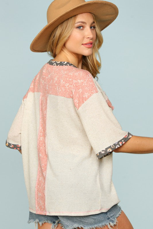 Beige Slub Rib Knit Floral & Leopard Top - Plus