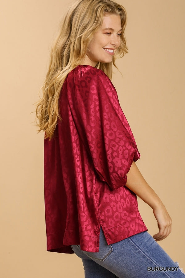 Burgundy Satin Puff Sleeve Animal Print Top