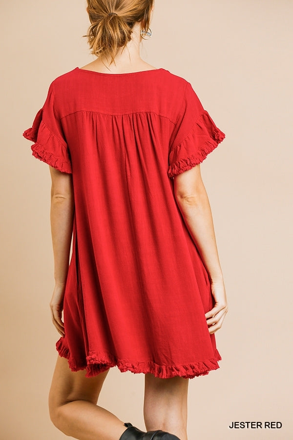 Jester Red Linen Blend Ruffle Sleeve Dress w/ Ruffle Hem