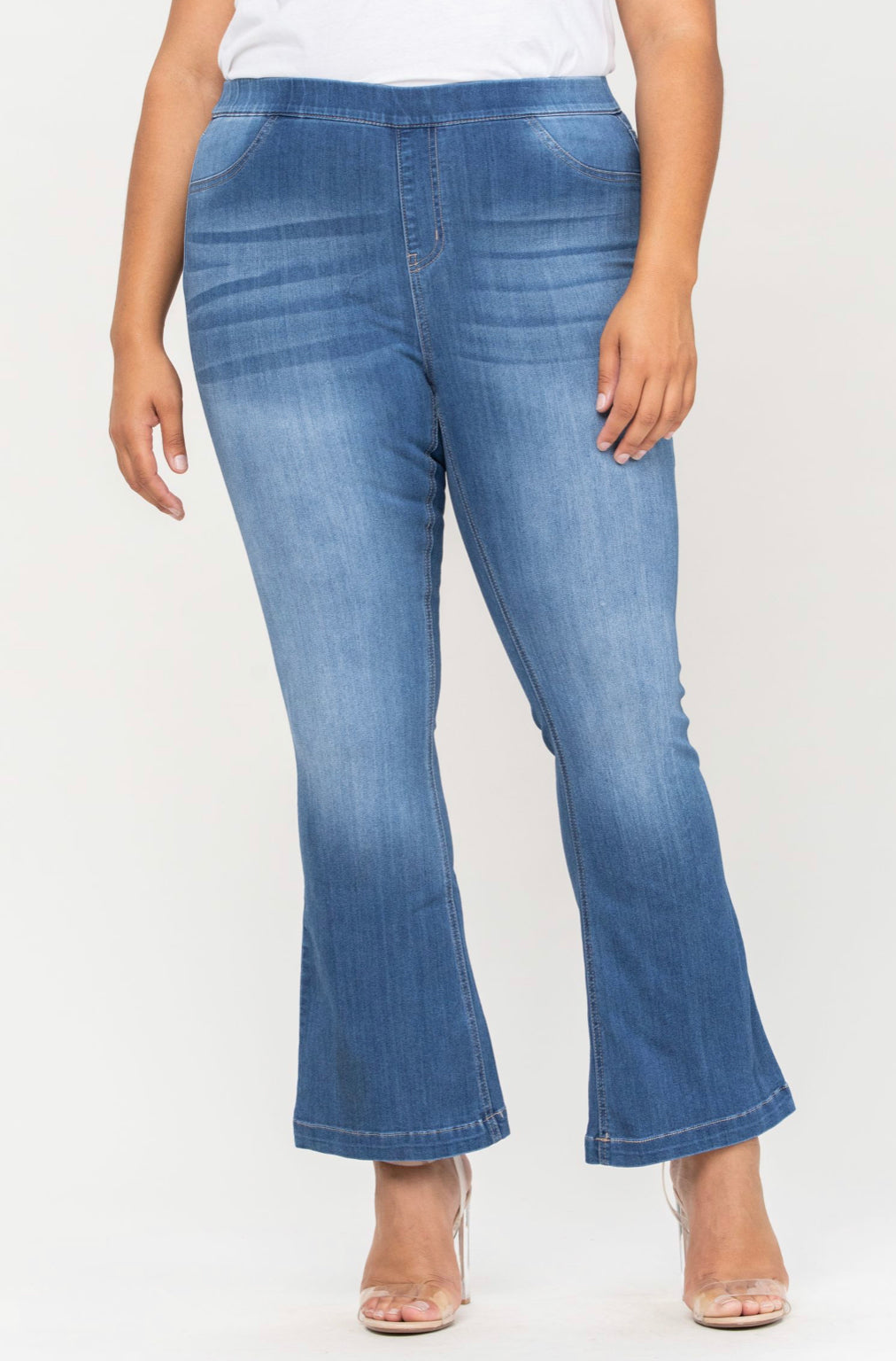 Medium Wash Denim Petite Length Flare Jeggings- Plus