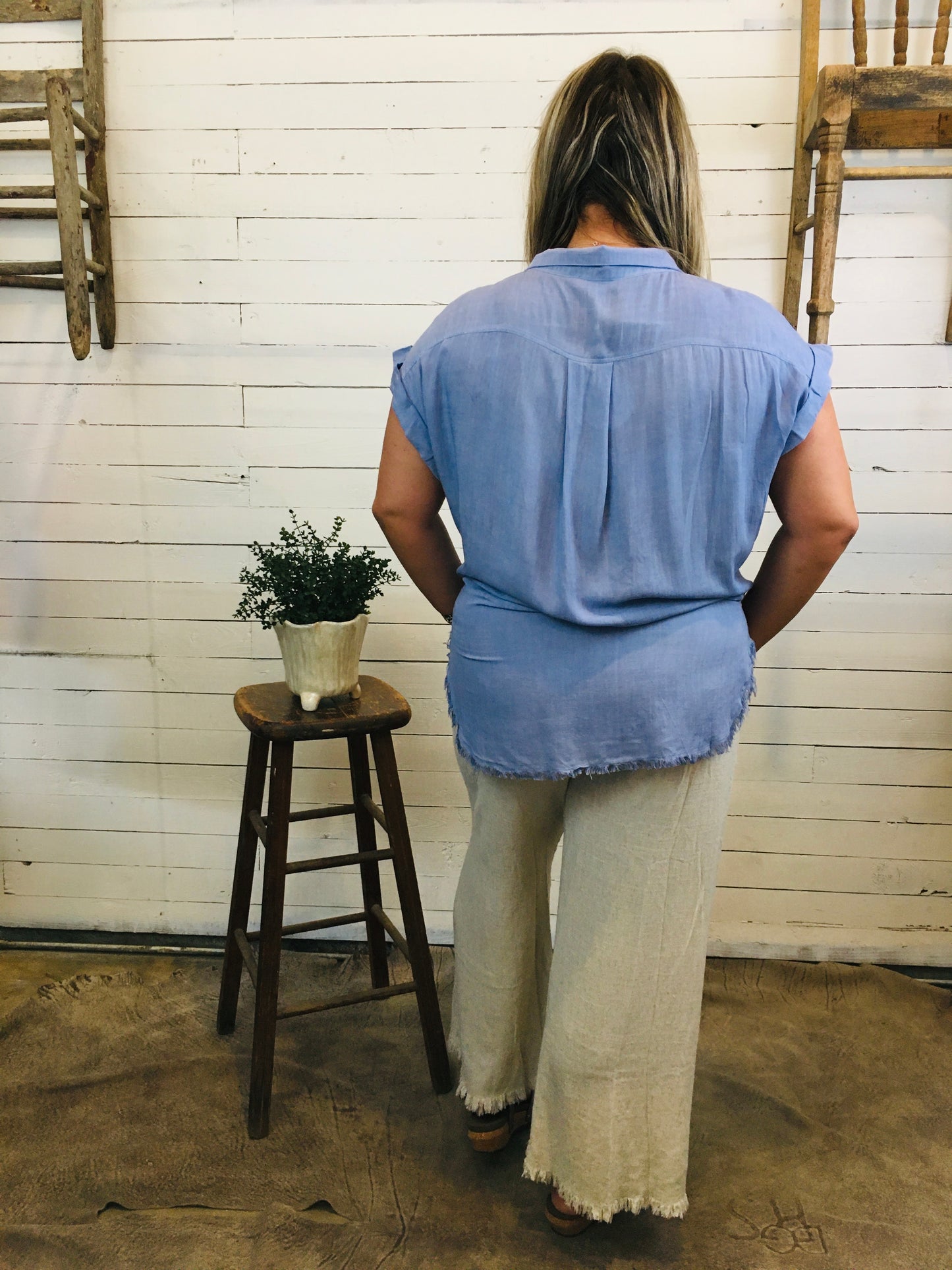 Denim Washed Button Down Top with Fray Hem