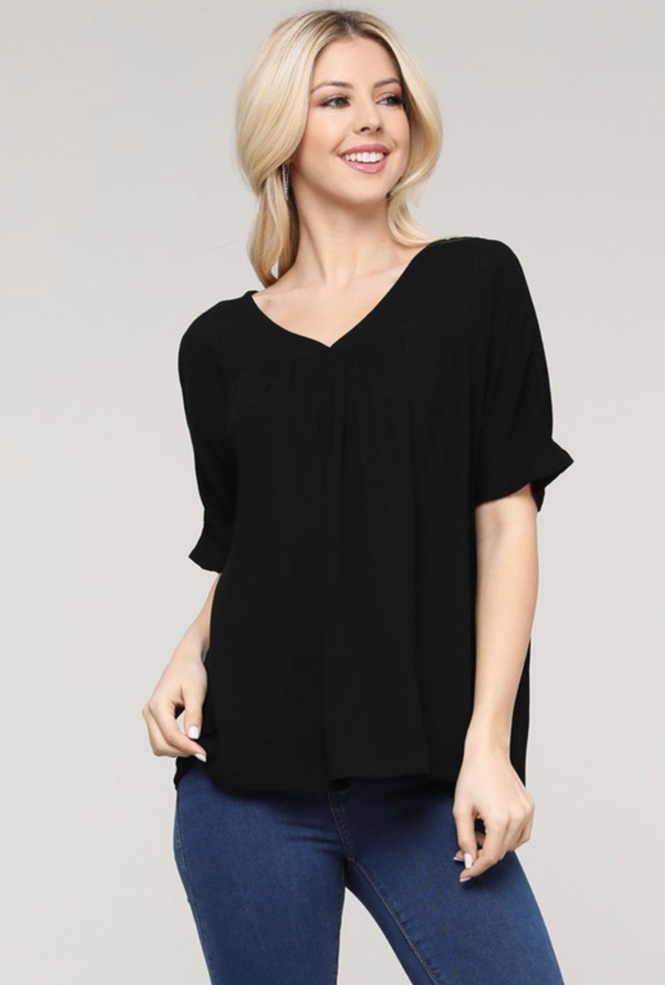 Black V Neck Short Sleeve Woven Top- Plus