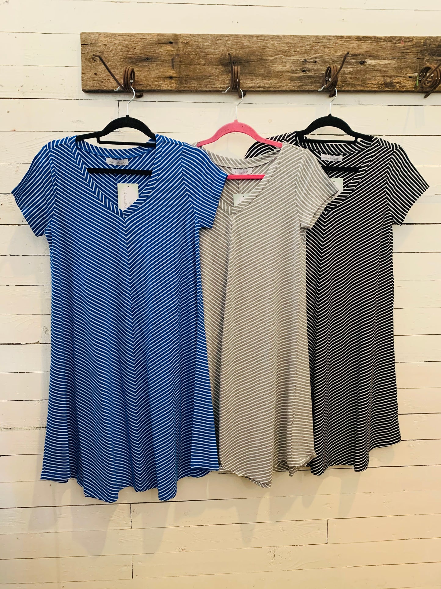 Grey and White Striped V Neck Dress