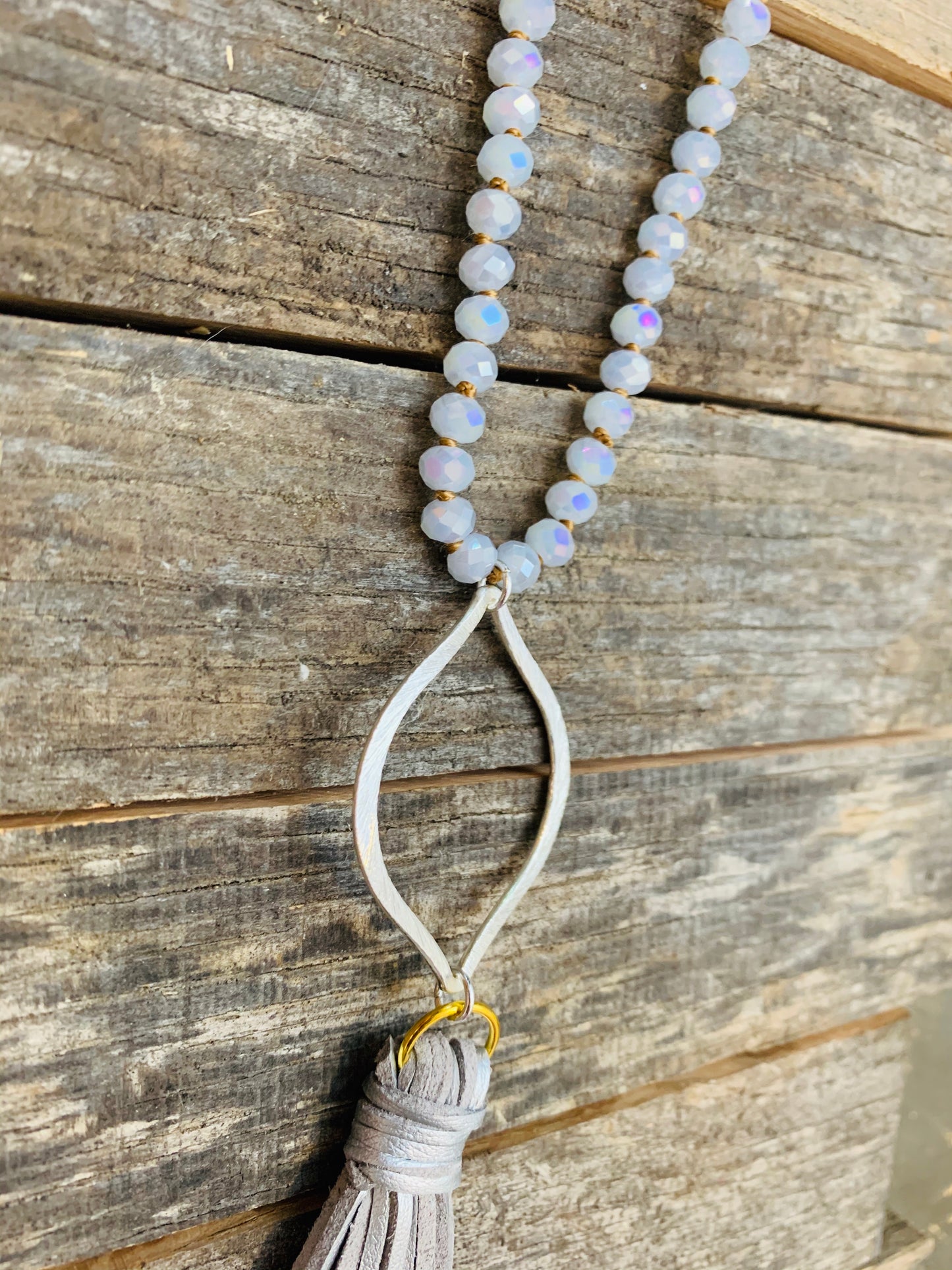 Long Gray Crystal Necklace with Silver Marquise & Tassel