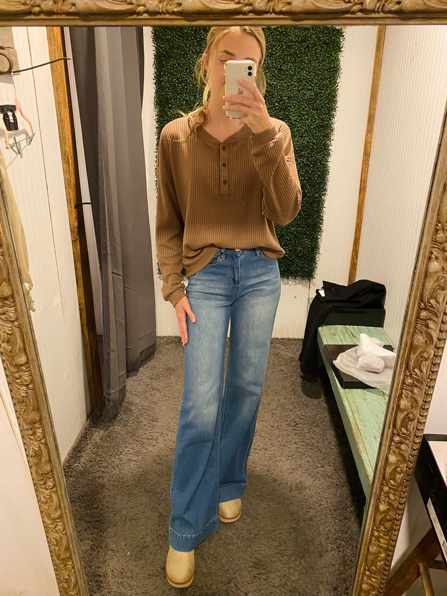 Cocoa Front Button Waffle Knit Top