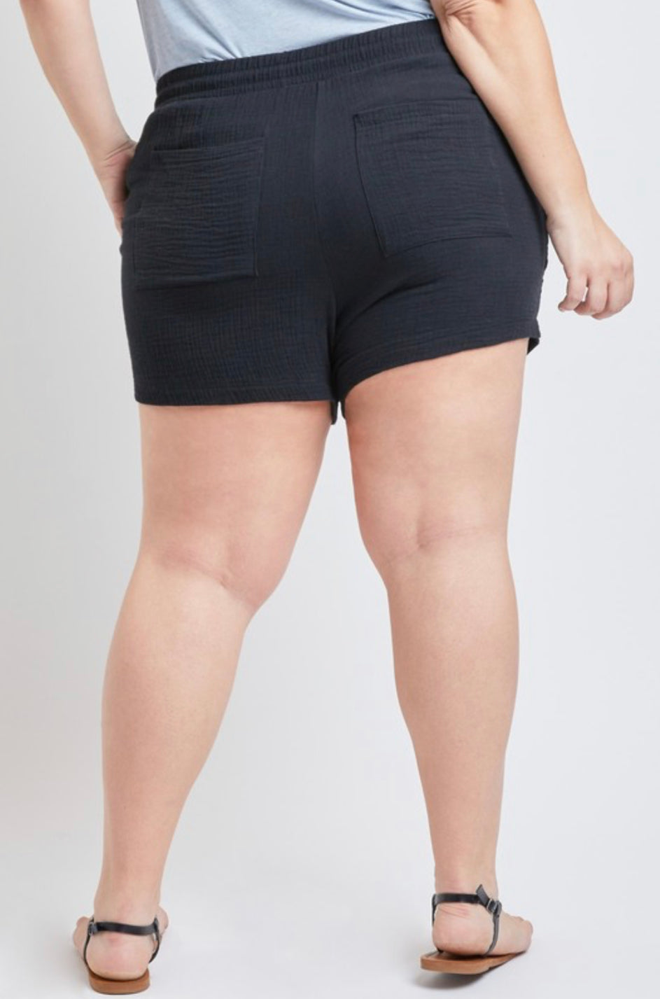 Black Cotton Shorts w/ Tassel Drawstring- Plus