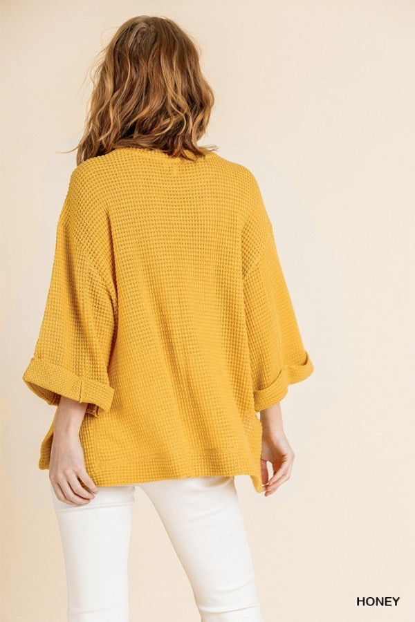 Mustard Waffle Knit 3/4 Sleeve Top