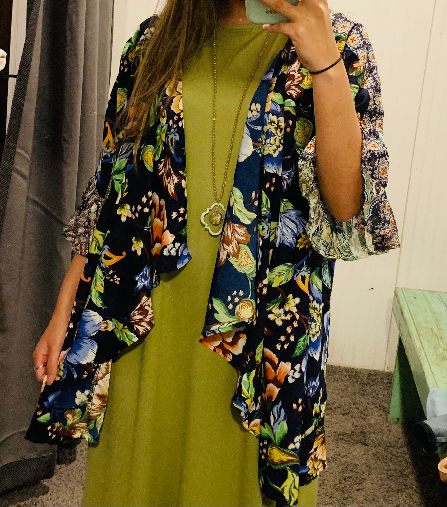 Navy Floral Mixed Print Ruffle Bell Sleeve Kimono