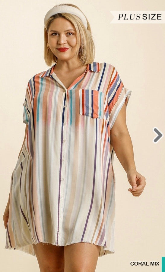 Honey Mix Bleached Striped Collared Button Down Dress- Plus