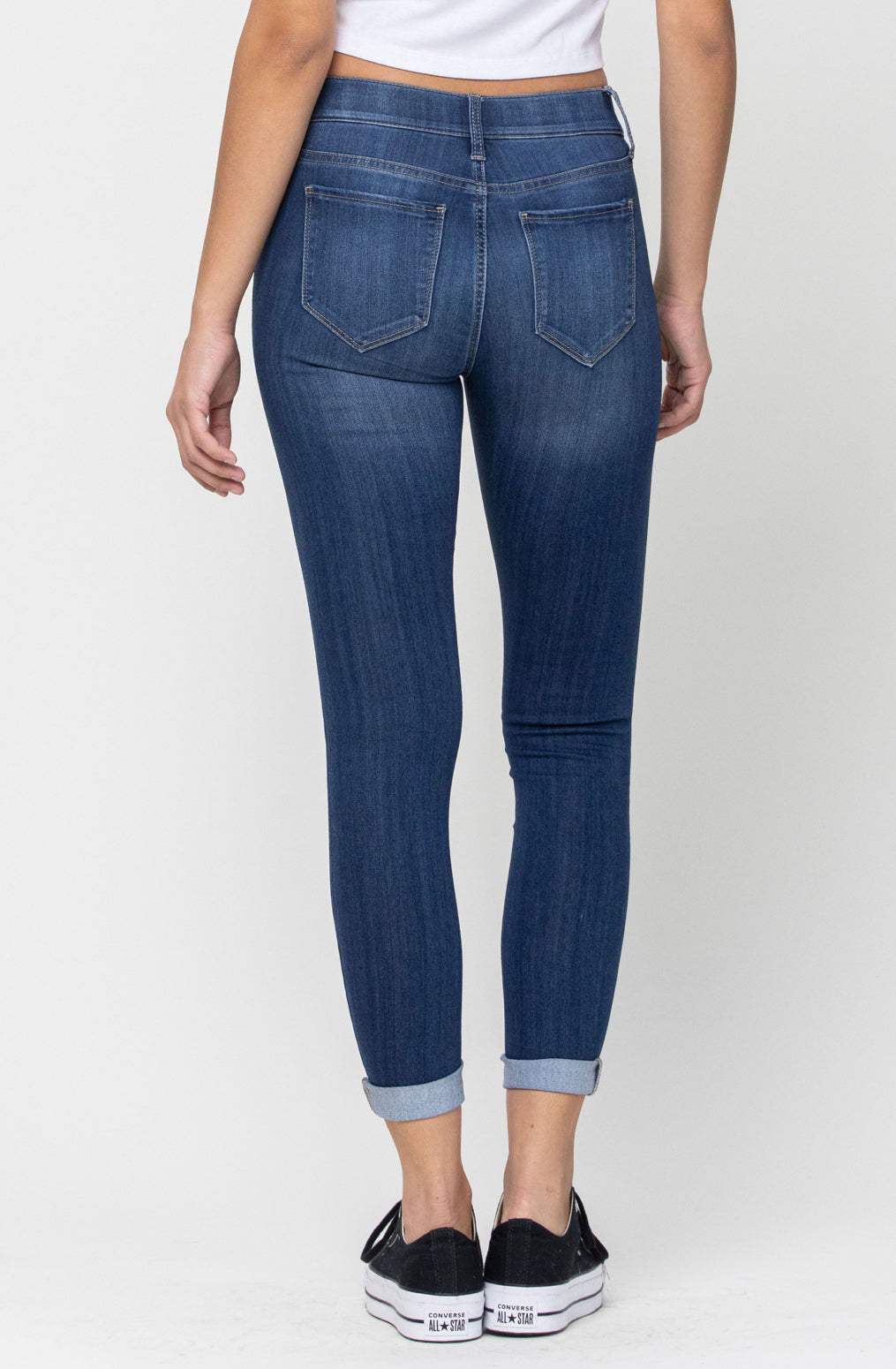 Dark Wash Mid Rise Rolled Hem Pull On Crop Skinny by Cello