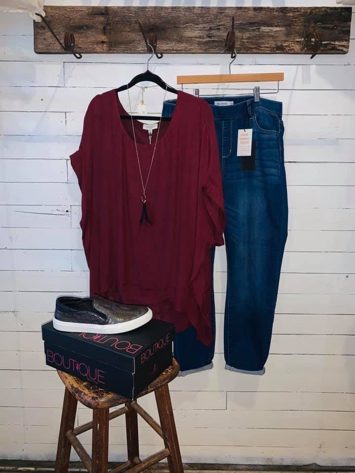 Maroon Short Sleeve Sheer Dolman Top Fully Lined