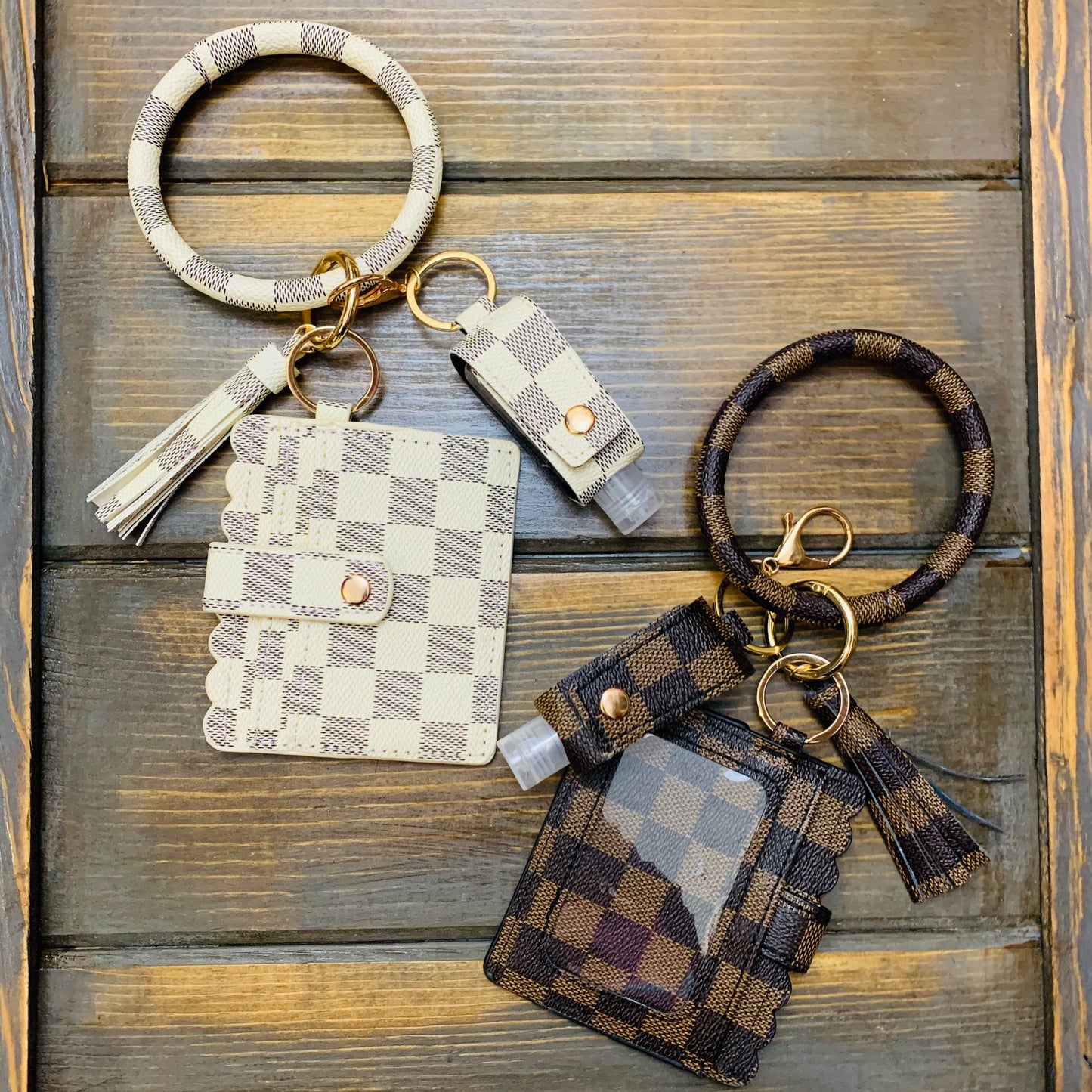 Designer Inspired Wallet and Keychain Wristlet with Sanitizer