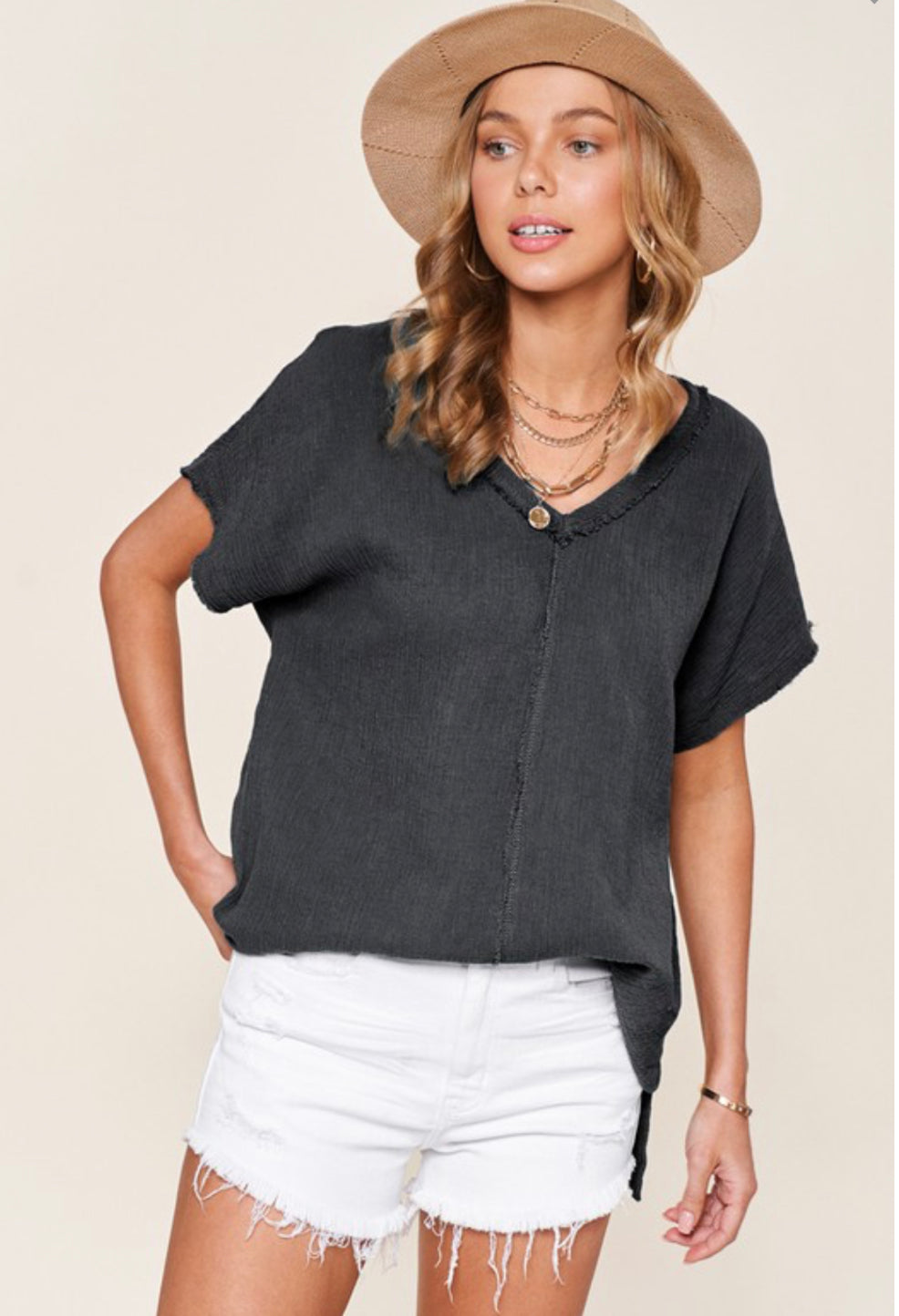 Black V-Neck Raw Edge Detail Top