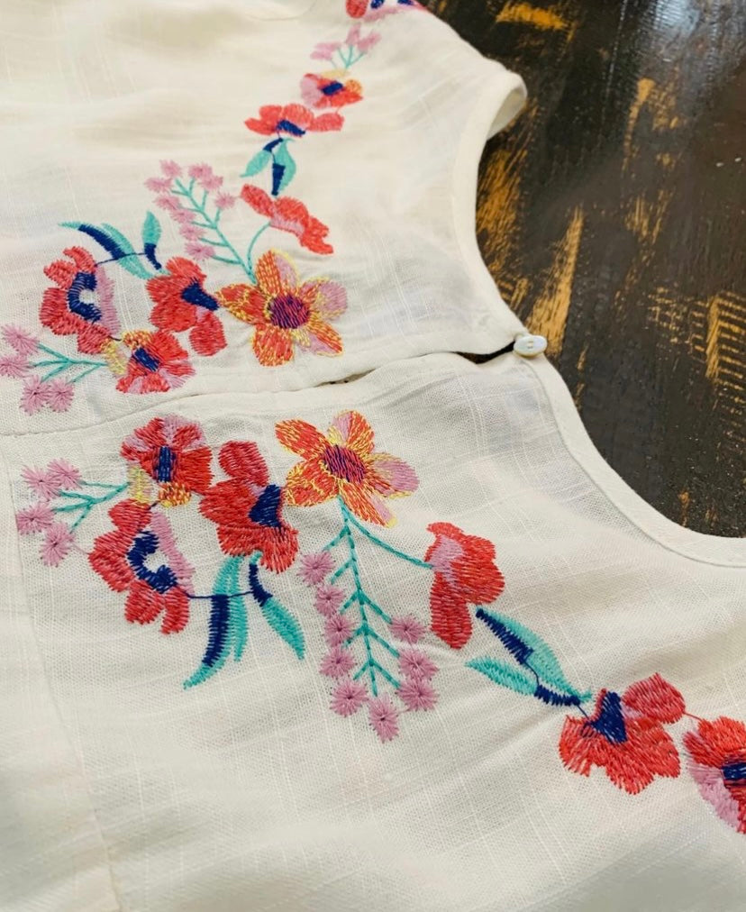 Off White Linen Floral Embroidered Lace Trimmed Top