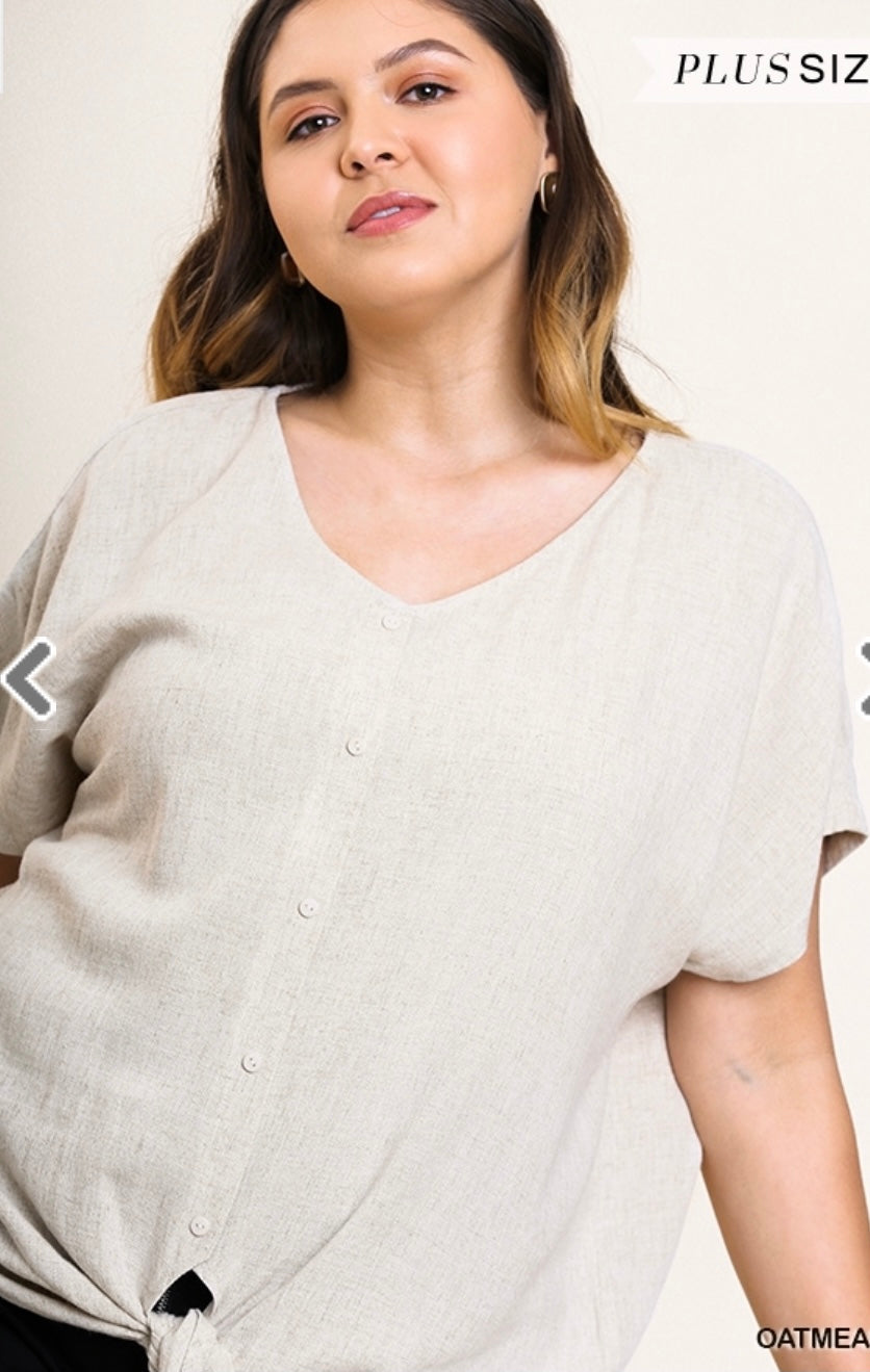 Oatmeal Linen Blend Button Up V-neck w/ Waist Tie Top- Plus