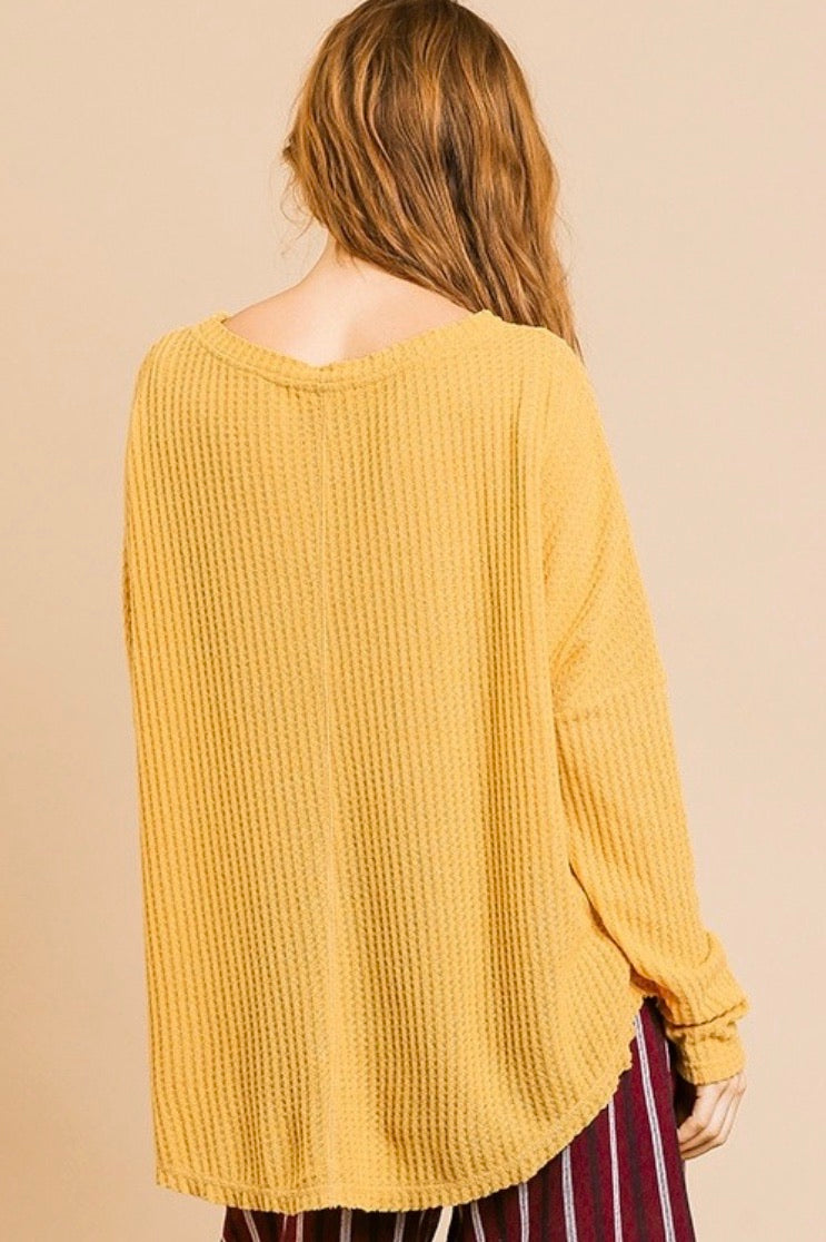 Long Sleeve Mustard Waffle Knit Button Front Cardigan with Scoop Hem