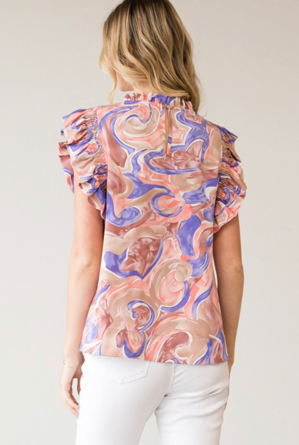 Mauve and Purple Swirl Top w/ Ruffle Sleeves