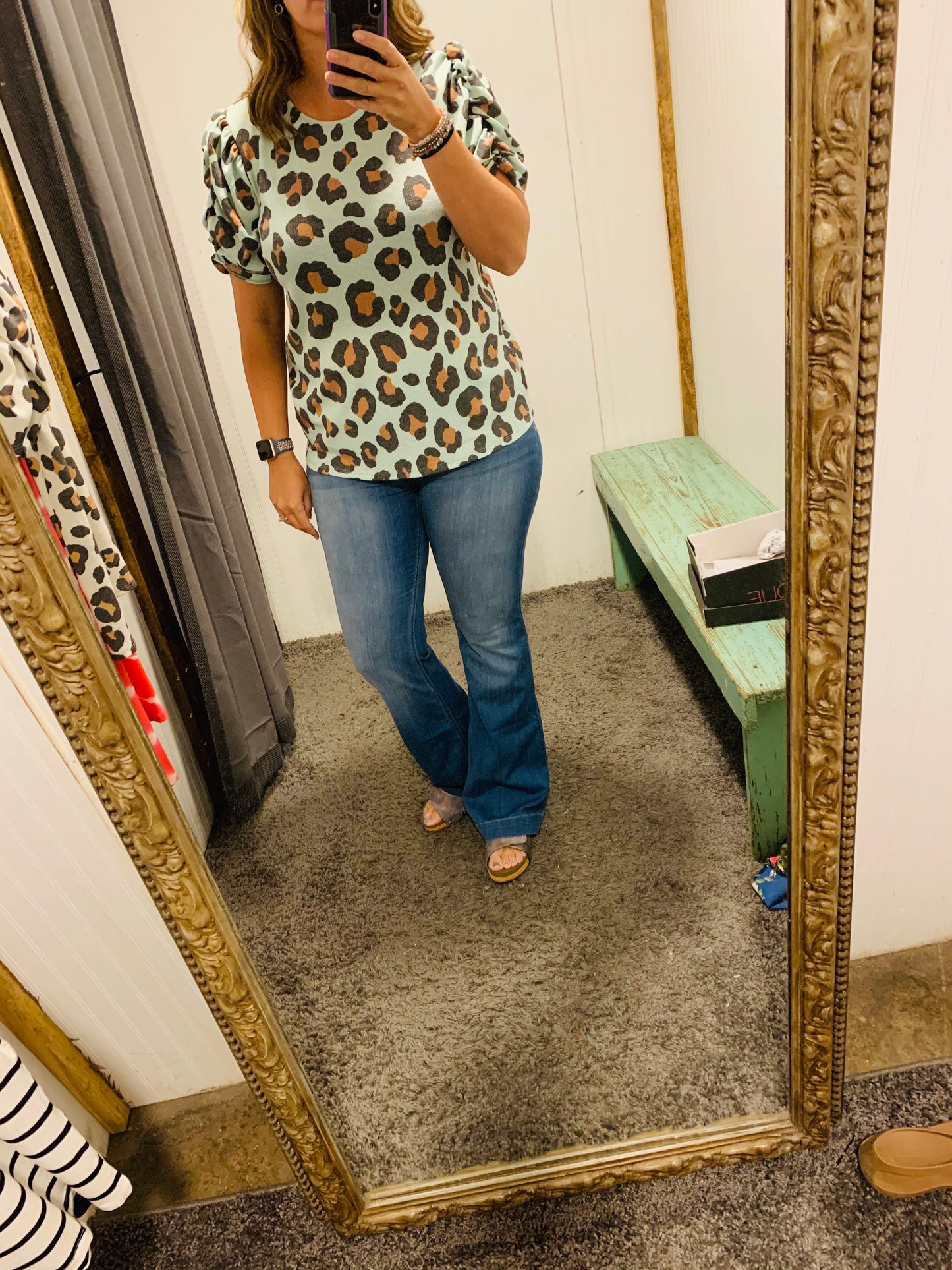 Leopard Puff Short Sleeves Mini Thermal Top - Mint