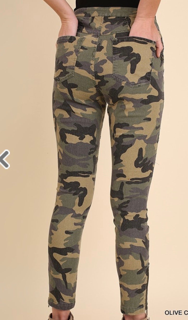 Olive Camo Moto Pants with Zipper Front and Ankle Details