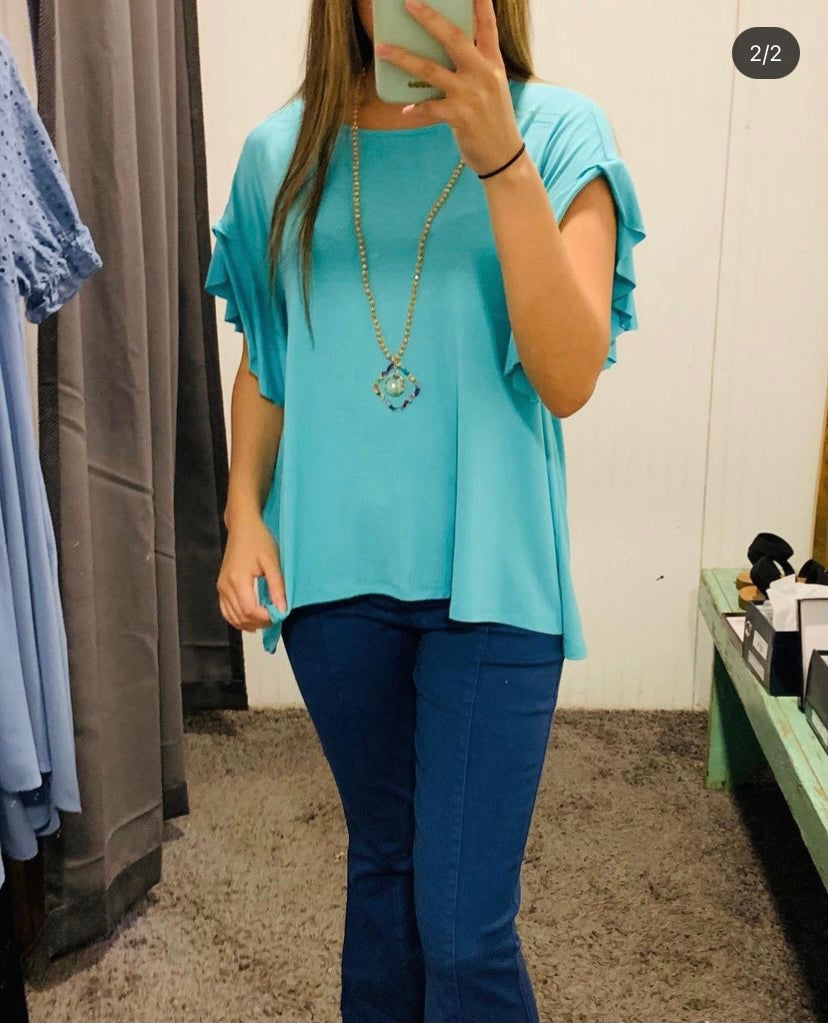 Emerald Wide Neck Top with Ruffled Sleeves