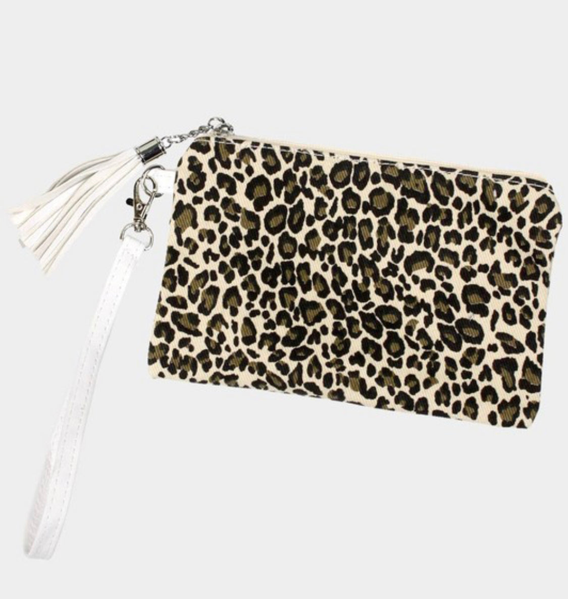 Beige Leopard Wristlet Bag w/ White Strap