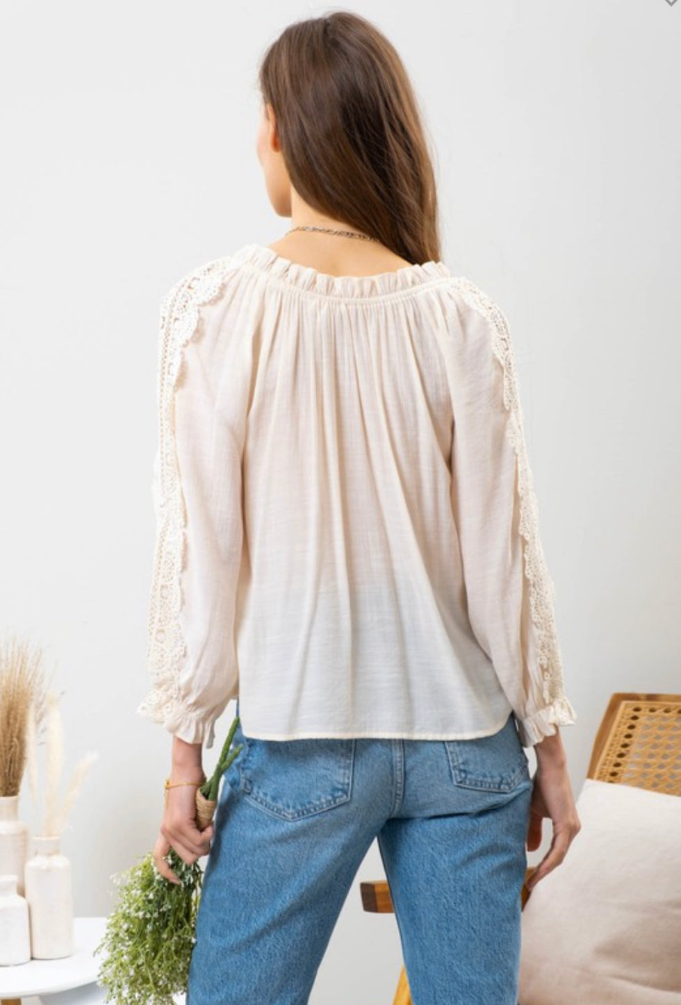 Cream Lace Puff Long Sleeve Top