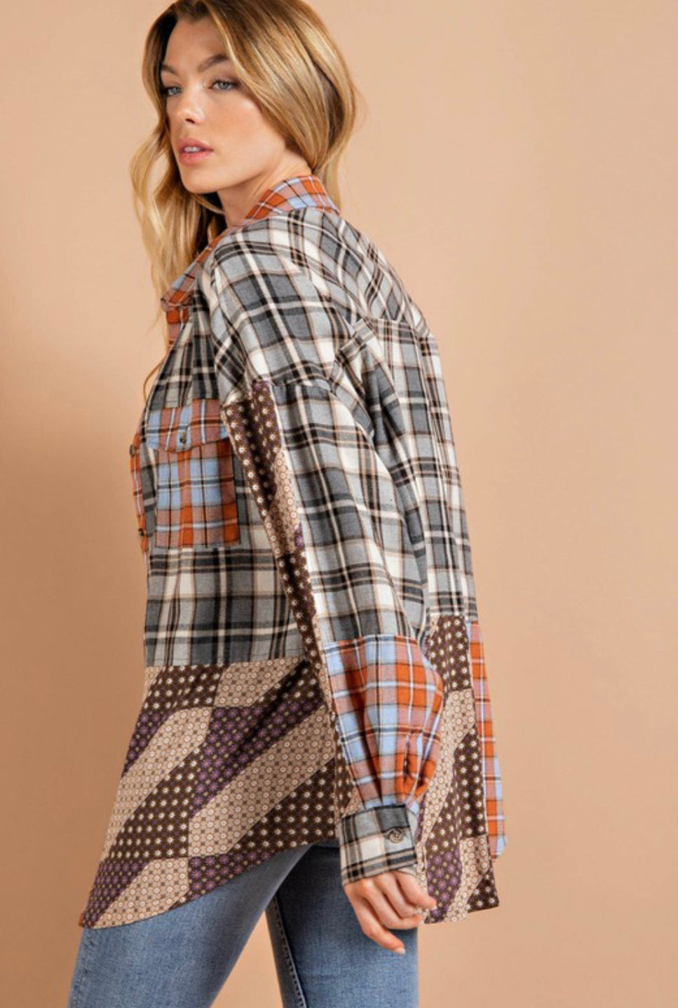 Grey-Mixed Print Flannel Top