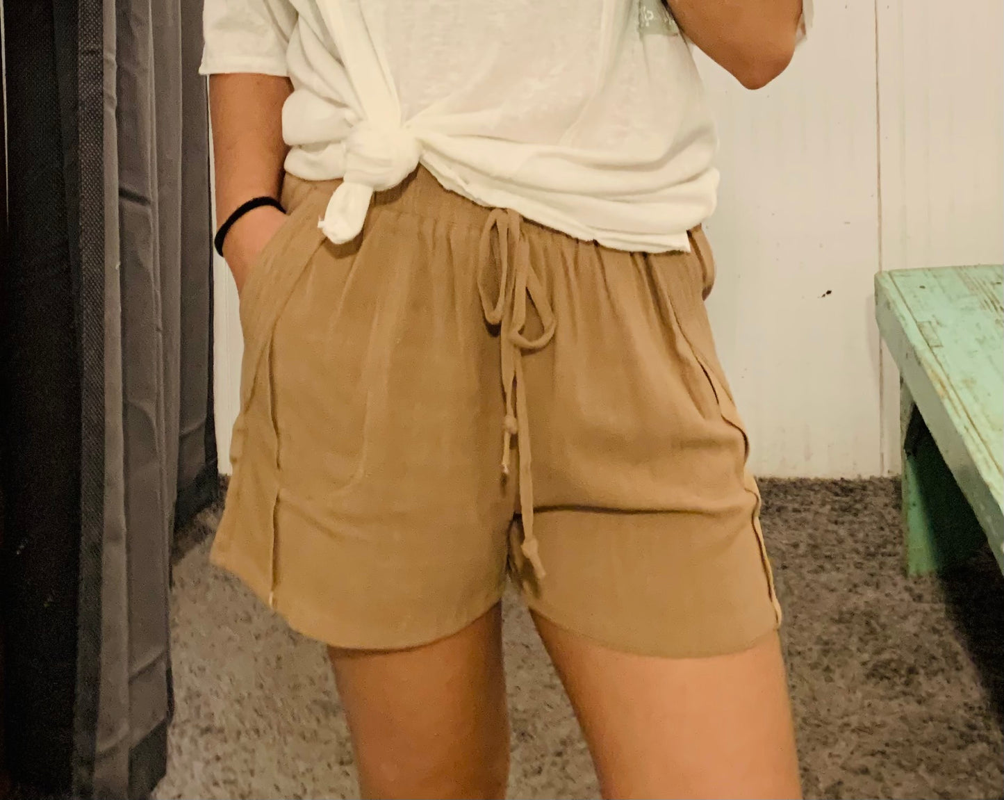 Toffee Linen Blend Elastic Waistband Shorts
