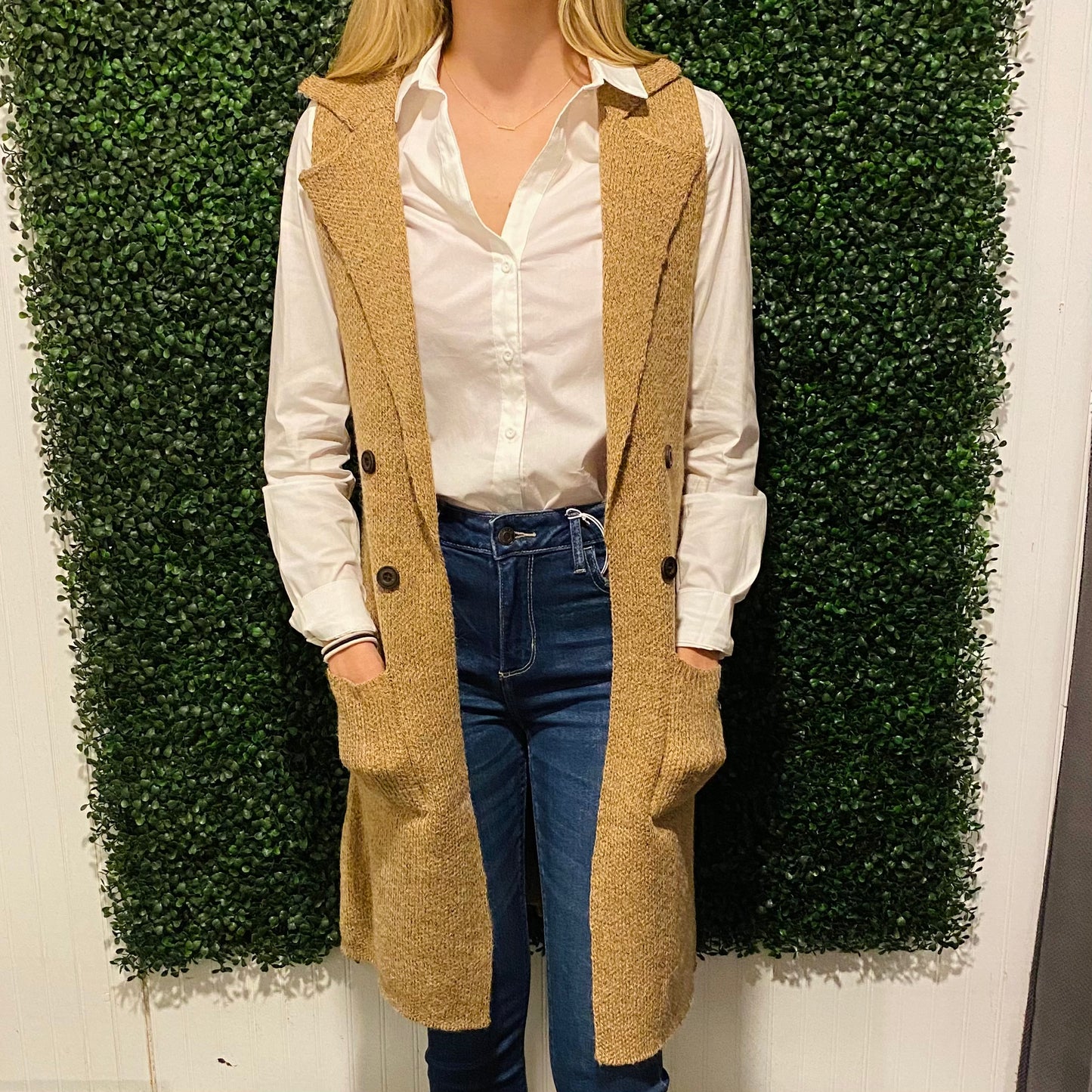 Camel Sweater Knit Long Vest