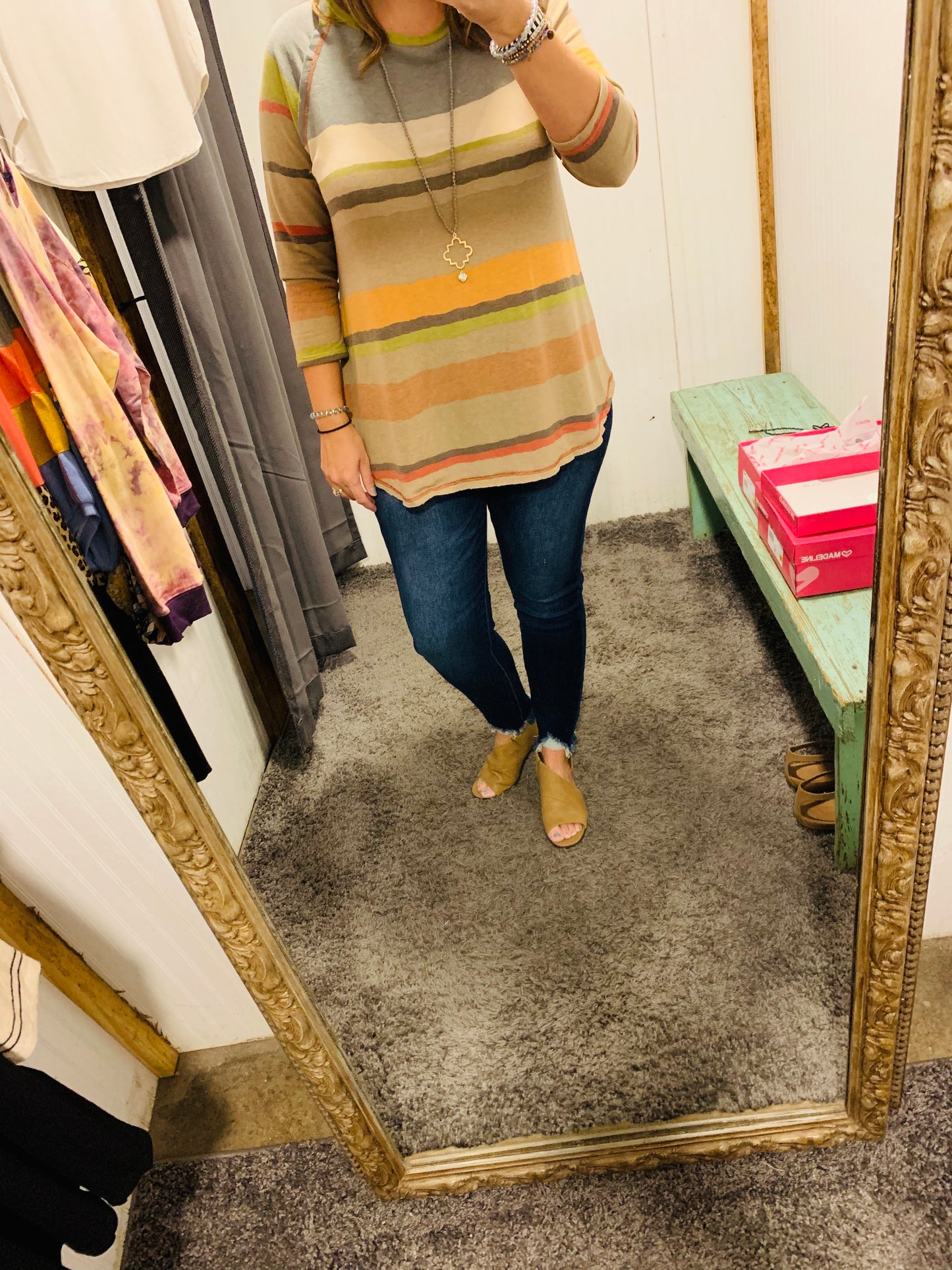 Mocha Neutral Multi Stripe 3/4 Sleeve Top