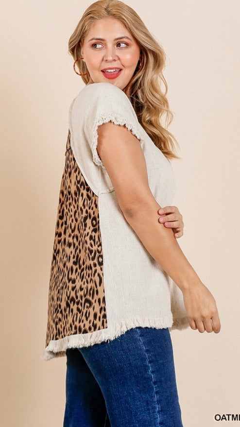 Oatmeal Linen Ruffle Sleeve Top w/ Animal Print Back- Plus