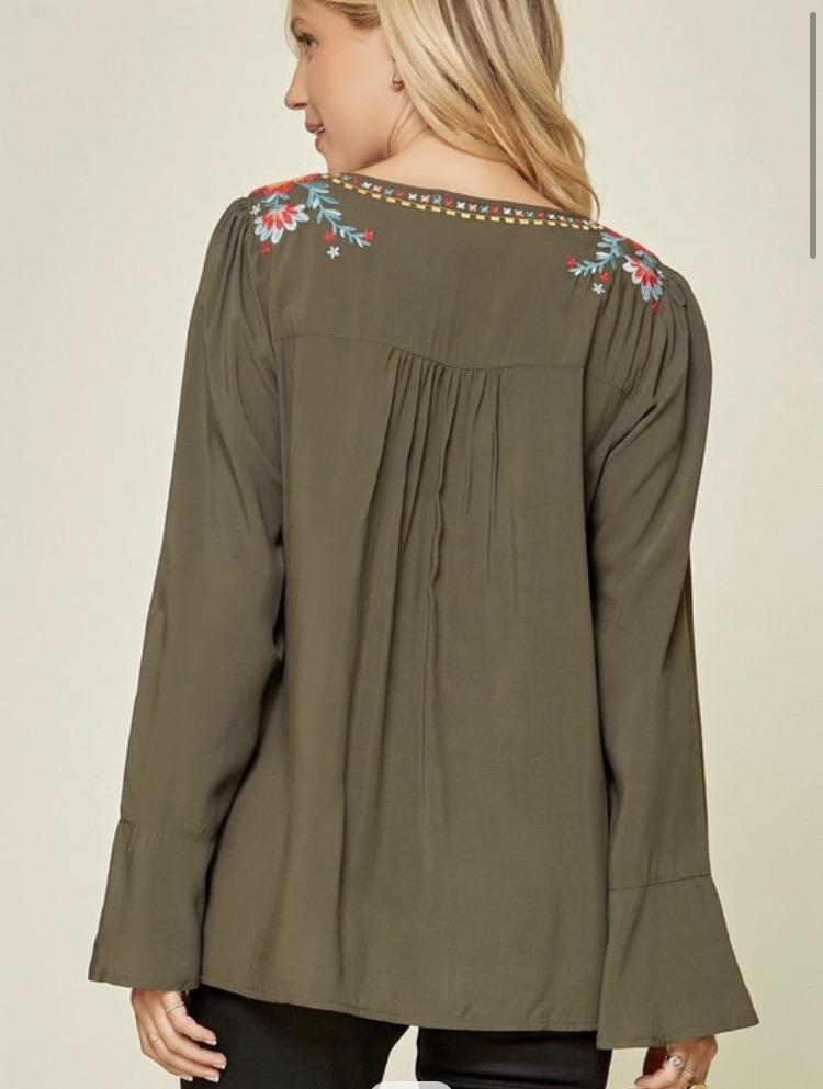 Dark Olive Floral Embroidery Detail w/ Bell Sleeve Top- Plus