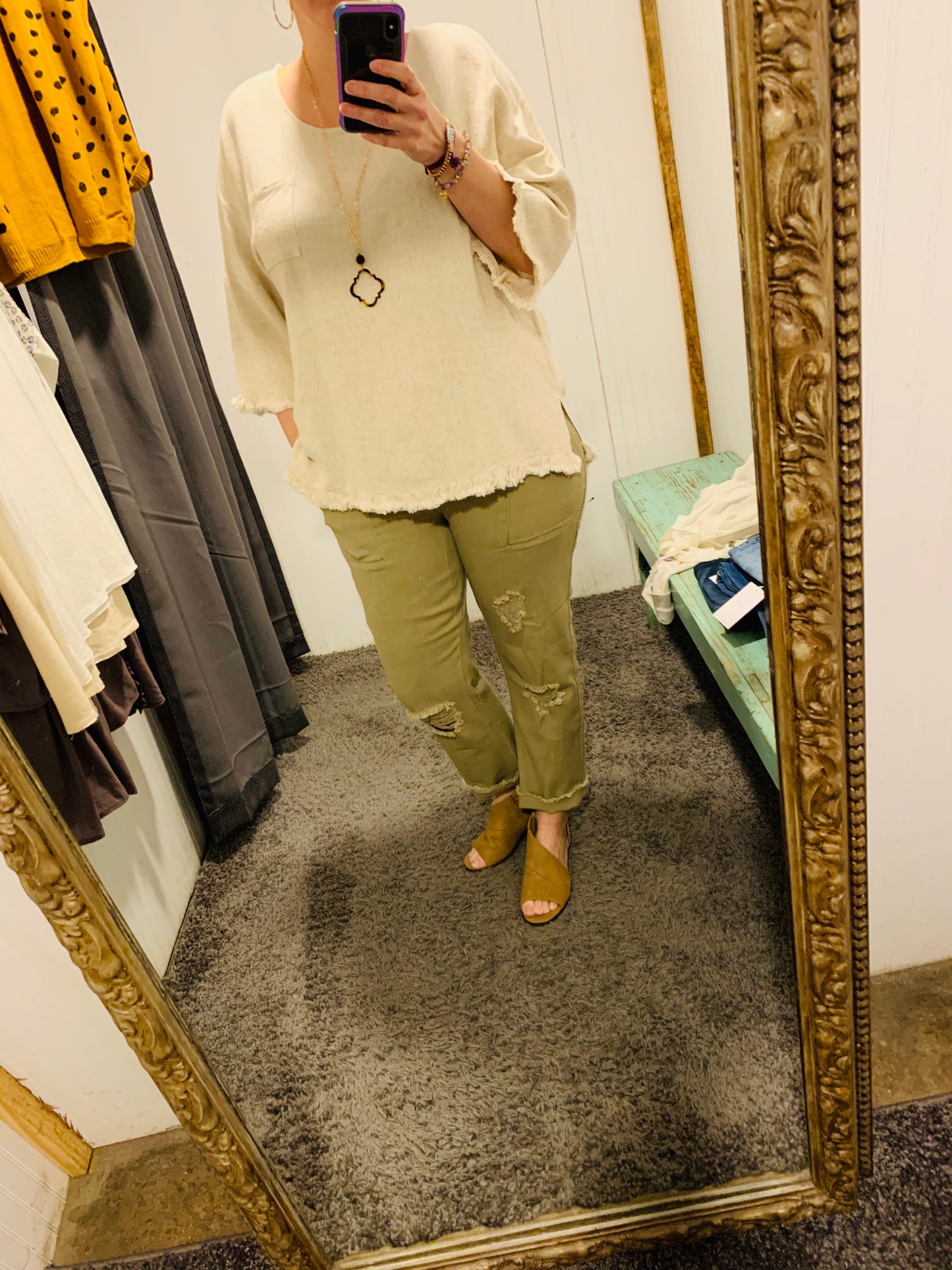 Oatmeal Linen Long Bell Sleeve Round Neck Top -Plus