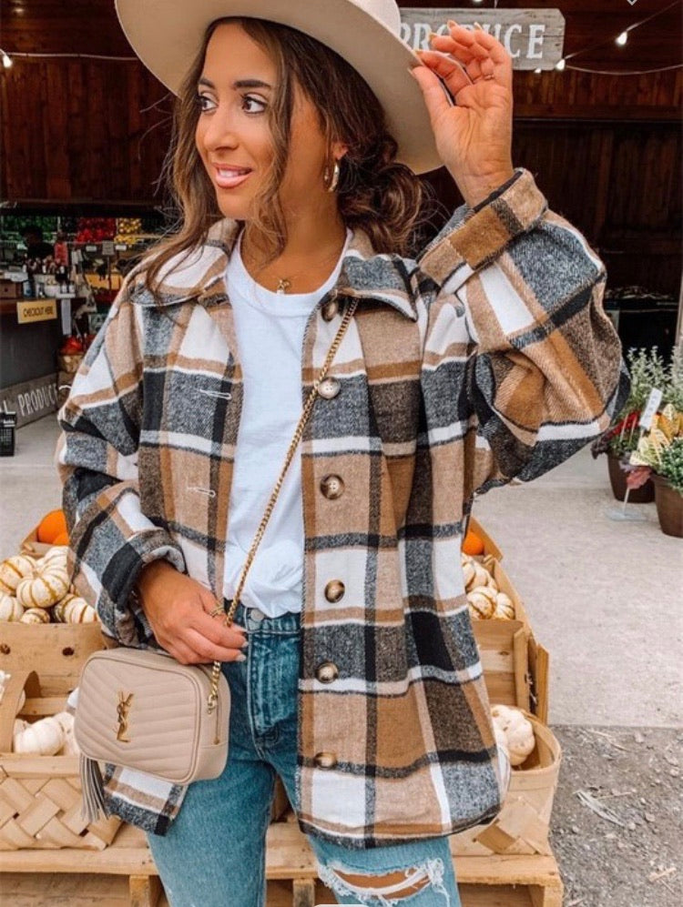 Brown/Black Grid Print Oversize Thick Flannel