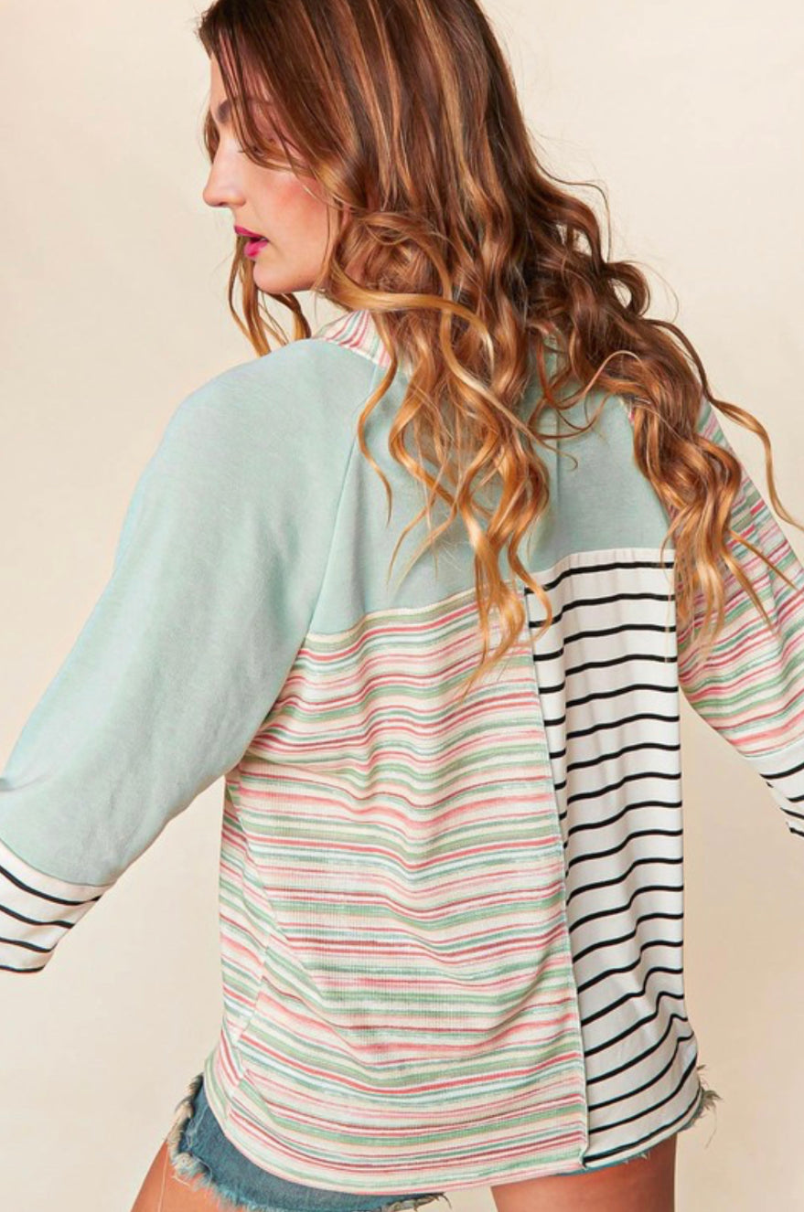 Mint Color Block Striped Knit Top