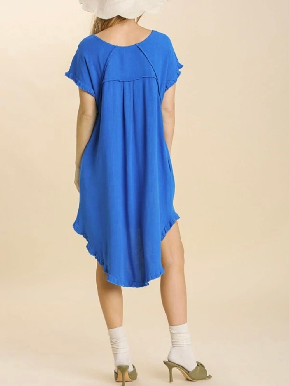 Cobalt Blue Linen Blend Ruffle Sleeve Dress w/ Ruffle Hem- Plus