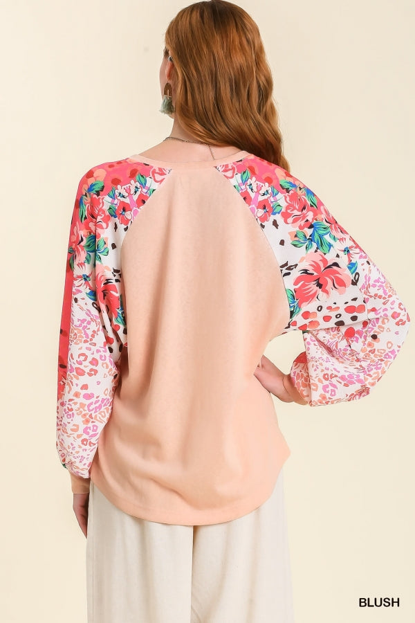Blush Linen Blend Floral Raglan Sleeve Top