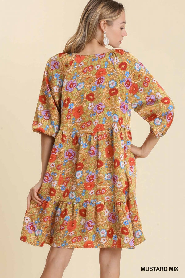 Mustard Mixed Floral Print V-Neck 3/4 Sleeve Ruched Dress