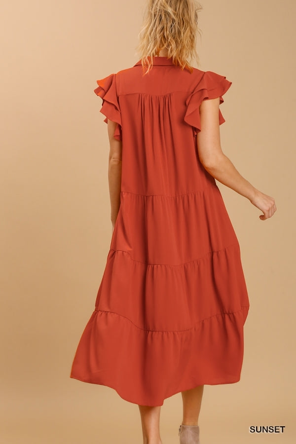 Sunset Ruffle Sleeve Tiered Midi Dress