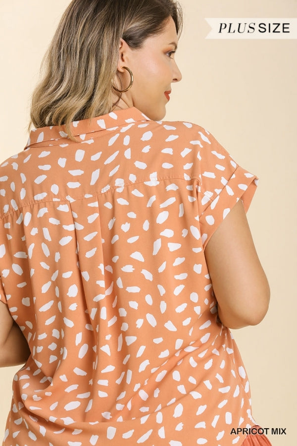 Apricot Mix V-Neck Dalmatian Front Button Top- Plus