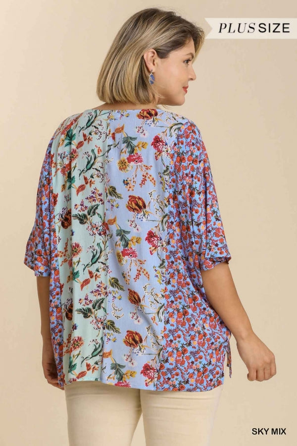 Sky Mix Floral 3/4 Sleeve V-Neck Top- Plus