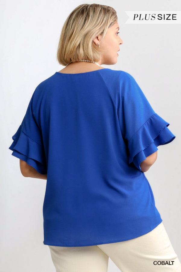 Cobalt Blue Ruffle Sleeve Round Neck Top- Plus