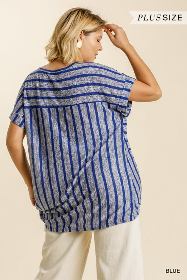 Grey and Blue Striped Round Neck Top