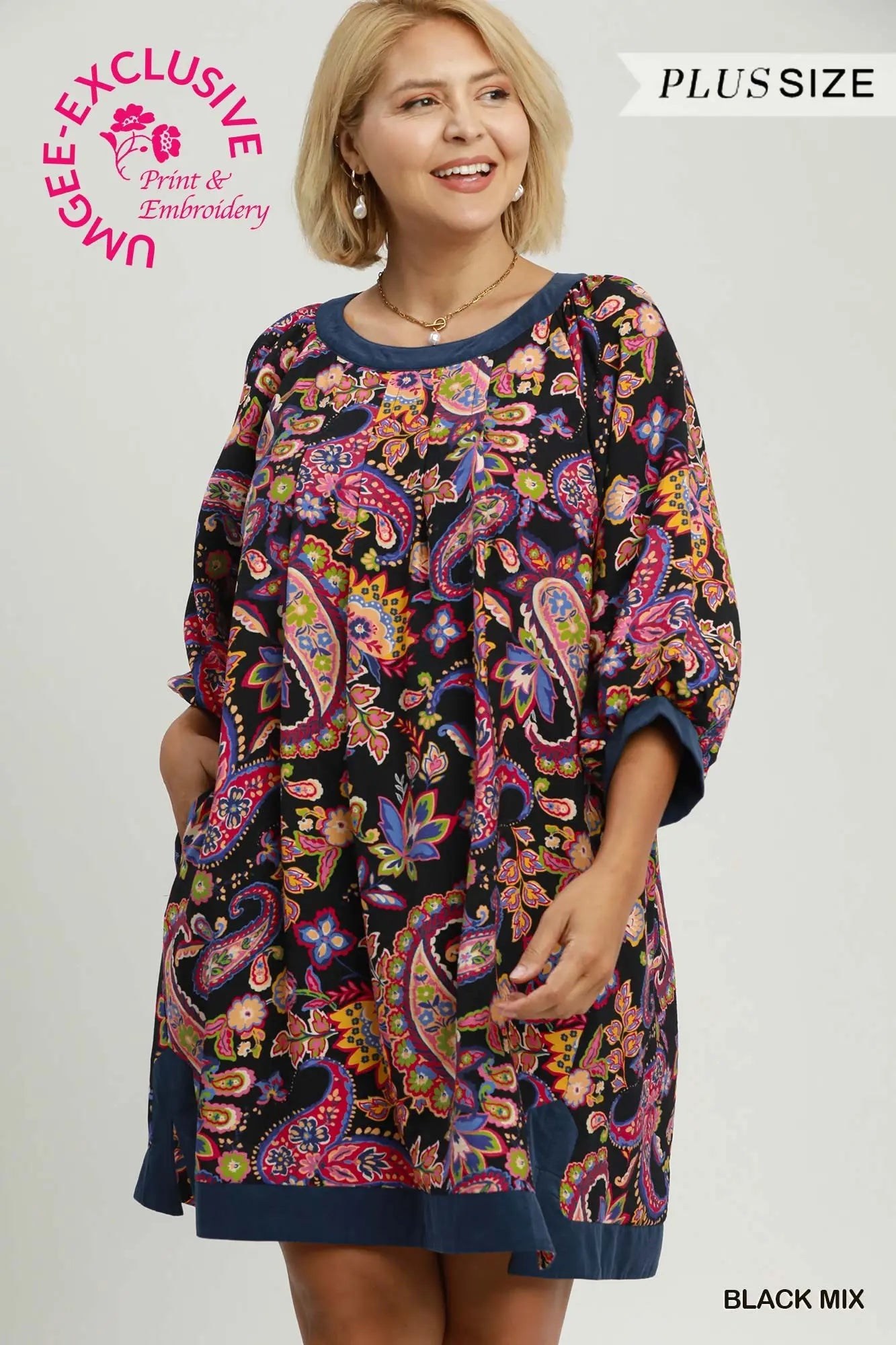 Black Mix Paisley Balloon Sleeve Dress - Plus